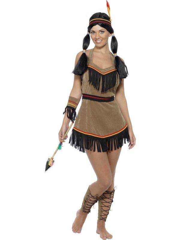 Indianen Dames 5-delig verkleedkleding. Inbegrepen is de jurk met franjes, de riem, de haarband met veer, de armband en enkelbanden. Nu in de aanbieding!