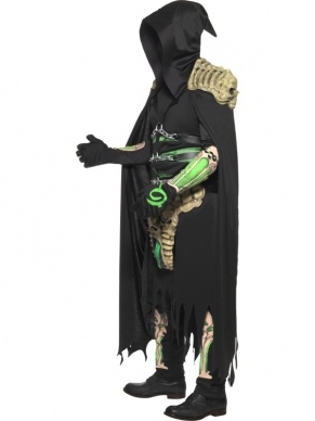 Soul Reaper Magere Hein Heren Verkleedkleding. Compleet kostuum met top, lange zwarte cape, hood, handschoenen, beenbeschermers en riem. Met latex stukken. Eng kostuum voor Horror feesten en Halloween. 