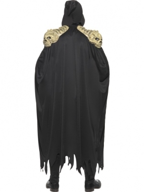 Soul Reaper Magere Hein Heren Verkleedkleding. Compleet kostuum met top, lange zwarte cape, hood, handschoenen, beenbeschermers en riem. Met latex stukken. Eng kostuum voor Horror feesten en Halloween. 