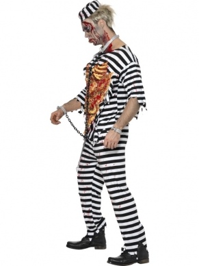 Zombie Gevangenen Boef Verkleedkleding. Inbegrepen is het gestreepte shirt met latex ingewanden, gestreepte broek, gestreept hoedje & ketting om nek en handen. 