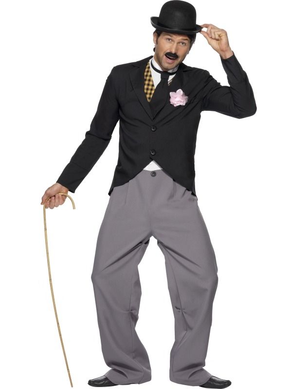 1920's Star Charlie Chaplin Kostuum. Inbegrepen is de broek, het jasje, de spencer en stropdas. 