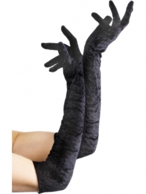 Zwarte Lange Velours Handschoenen - 53 cm lang tot over de ellebogen.