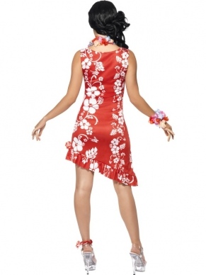Hawaii Luau Rood Jurkje. Inbegrepen is het mooie jurkje, de haarspeld en de armband. Alleen nog maar verkrijgbaar in maat Medium.