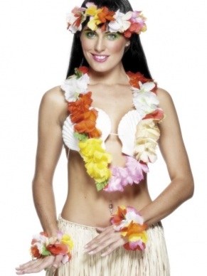 Deluxe Hawaiiaanse Set met mooie bloemenkrans, haarband en armbanden. 
