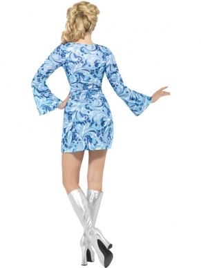 Fever Psychedelic Babe 1970's Kostuum. Inbegrepen is de blauw witte jurk en haarband. 