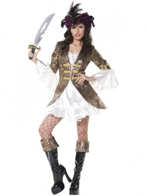 Fever Buccaneer Beauty Piraten Kostuum. Inbegrepen is de mooie jurk met het jasje (zit er aan vast) en de boot covers. 