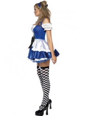 Alice in Wonderland Kostuum. Inbegrepen is de sexy blauw-witte jurk met rijgsluiting aan de voorkant en de haarband. De kousen en petticoat verkopen we los. 