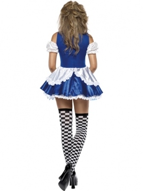Alice in Wonderland Kostuum. Inbegrepen is de sexy blauw-witte jurk met rijgsluiting aan de voorkant en de haarband. De kousen en petticoat verkopen we los. 