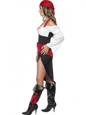 Sassy Pirate Piraat Dames Verkleedkleding. Inbegrepen is de zwarte rok, de witte top met lange uitlopende mouwen, riem en rode bandana. Accessoires verkopen we los. 