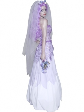 Gothic Ghost Bruid Dames verkleedkleding. Inbegreepn is de lange jurk, de sluier en het boeketje. 