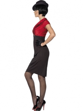 Super Stoer 1920s Gangster Dames Verkleedkleding. Inbegrepen is de mooie zwart strakke rok, het rode shirt, de bretels en de handschoenen. Leuk voor een Razzle Dazzle 1920's Gangster thema. 