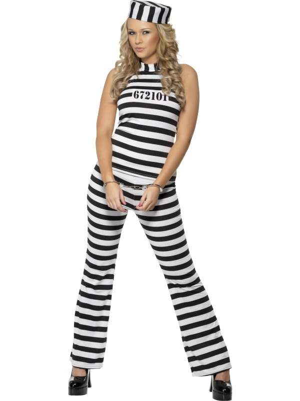 Convict Cutie Gevangene Dames Verkleedkleding. Inbegrepen is de gestreepte broek, het shirt en de pet. Alleen nog verkrijgbaar in maat Medium 40-42 (zie matentabel voor exacte maten).