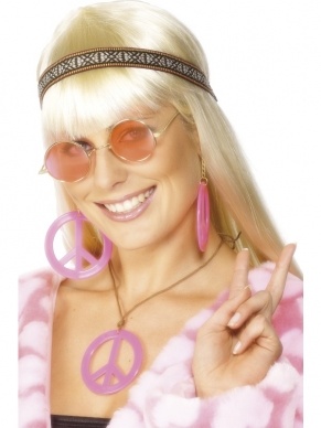 Hippie Verkleedsetje met haarband, zonnebril, piece teken oorbellen en ketting. 