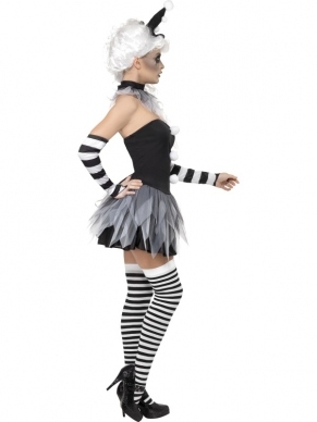 Sinister Pierrot Clown Halloween Kostuum, bestaande uit het Zwart Witte Jurkje, gestreepte handschoenen en het Hoedje. de kousen verkopen we los. Mooi Halloween Kostuum of zonder enge schmink ook te dragen als Pierrot / Clown Kostuum voor bijvoorbeeld Carnaval. 