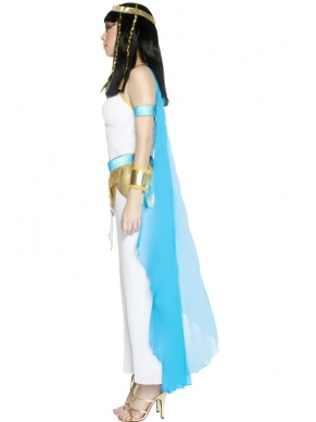 Prachtig Cleopatra Verkleedkleding. Met mooie witte lange jurk en lichtblauwe cape, armbanden, riem en halsband / ketting.  Alleen nog verkrijgbaar in maat Medium
