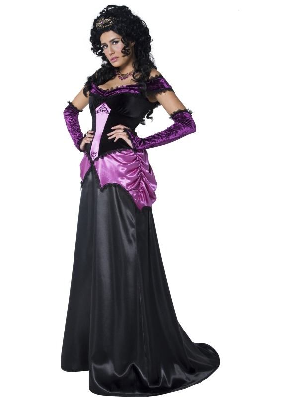 Countess Nocturna Dames Verkleedkleding. Inbegrepen is de mooie zwarte met paarse lange jurk met korte sleep en handschoenen. 