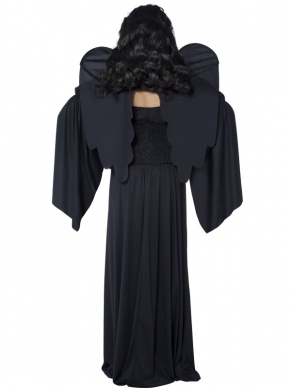 Cemetery Angel Zwarte Engel Kostuum, bestaande uit de lange zwarte jurk met de mouwen en de zwarte vleugels. 