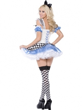 Fever Boutique Sweet Alice In Wonderland verkleedkostuum met Mooie jurk met schort, de losse mouwen en de haarband met zwarte strik. 