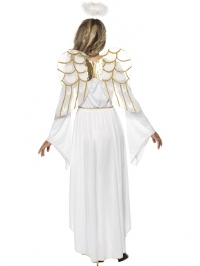 Angel Kostuum - mooi kostuum, inclusief lange witte jurk die van voren korter is met gouden details, gouden riempje, engelen vleugels en diadeem met halo.