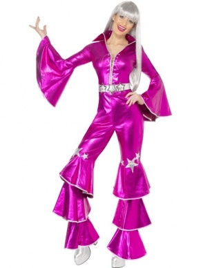 1970's Dancing Dream Kostuum Roze. Inbegrepen is glanzend jumpsuit met rits en uitlopende mouwen en pijpen. Ook verkrijgbaar in andere kleuren.