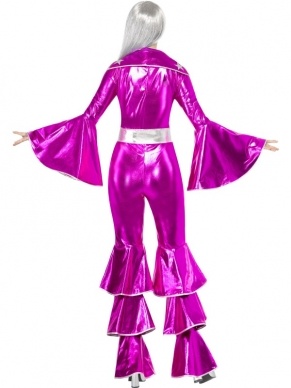 1970's Dancing Dream Kostuum Roze. Inbegrepen is glanzend jumpsuit met rits en uitlopende mouwen en pijpen. Ook verkrijgbaar in andere kleuren.