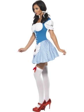 Fever Dorothy Tovenaar van Oz Kostuum. Mooie blauw/witte jurk met hondjes logo. De accessoires verkopen we los.