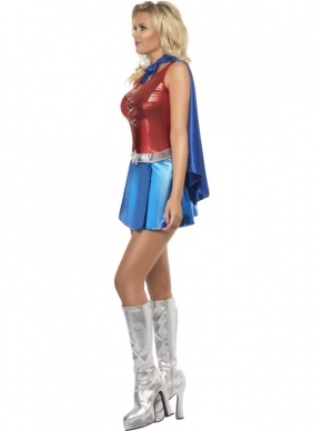 Fever Hero Hottie Superhelden Kostuum. Inbegrepen is de sexy glimmende jurk en cape. 