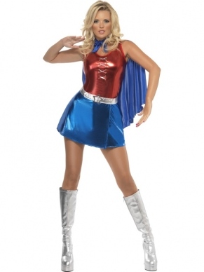 Fever Hero Hottie Superhelden Kostuum. Inbegrepen is de sexy glimmende jurk en cape. 