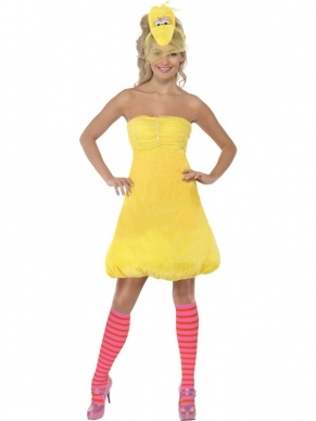 Sesamstraat Pina Yellow Bird Kostuum. Inbegrepen is de gele jurk, de kousen en de pet met pino hoofd en sluier. 