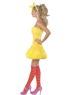 Sesamstraat Pina Yellow Bird Kostuum. Inbegrepen is de gele jurk, de kousen en de pet met pino hoofd en sluier. 
