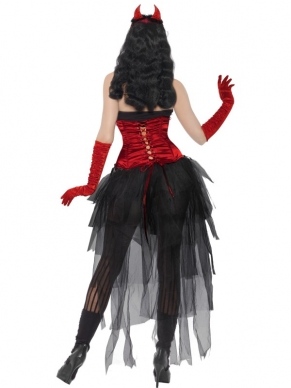 Diva Demonique De Vil Kostuum. Inbegrepen is het mooie corset, het topje en de rok met mooie lagen. De accessoires verkopen we los.