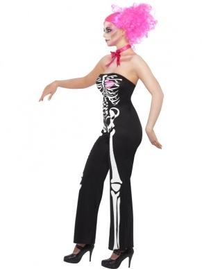 Sassy Skeleton Skelet Dames Verkleedkleding. Leuke catsuit met Skeletten Print en Roze hart & Roze Ketting/ Halsband. De pruik verkopen we los.
