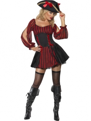 Fever Zwart/Rood Piraten Verkleedkleding. Inbegrepen is de zwart-rode jurk met rijg-bustier en gespleten mouwen