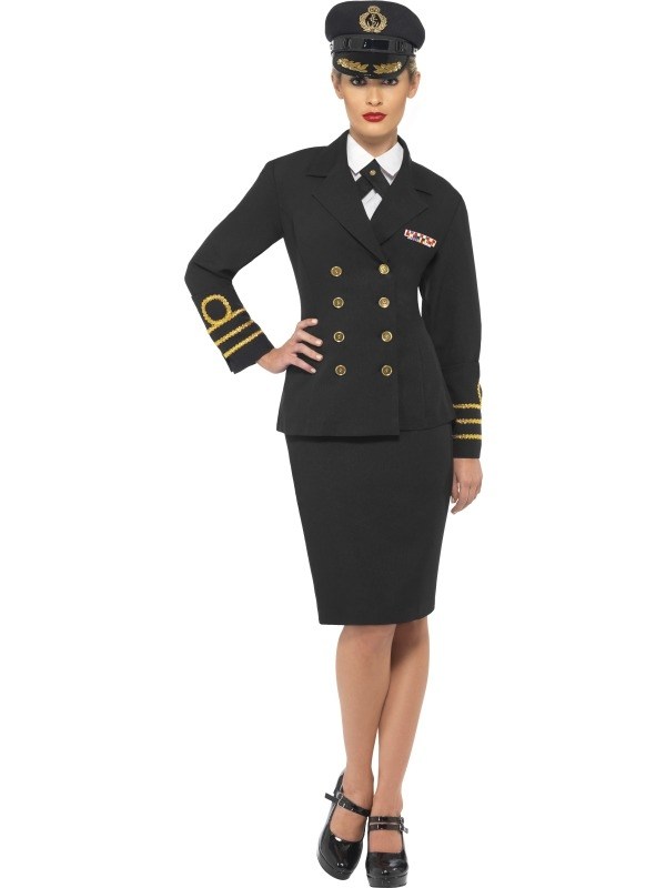 Navy Officer Officiere Kostuum, bestaande uit het zwart jasje met gouden knopen en applicaties, zwarte kokerrok, wit shirt met kraag en zwarte officierspet.