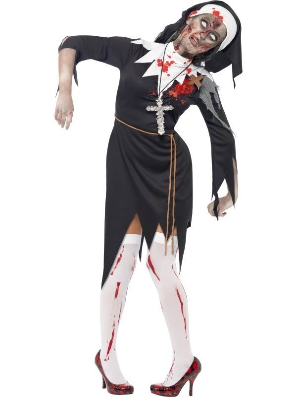 Zombie Bloody Sister Mary Non Kostuum. Inbegrepen is de zwarte jurk met latex wond, touwriem en nonnenkapje.