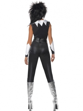 Het Glam Rock Chick Kostuum bestaat uit: zwart jumpsuit met zilveren kraag,  zwarte riem met zilverkleurige gesp en aparte zwart/zilveren mouwen. De pruik verkopen we los.