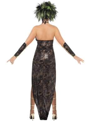 Het Medusa Dames Kostuum bestaat uit: de mooie glanzende jurk met lang achterkant, aparte mouwen, groen-zwarte pruik met latex slangen. Compleet kostuum!