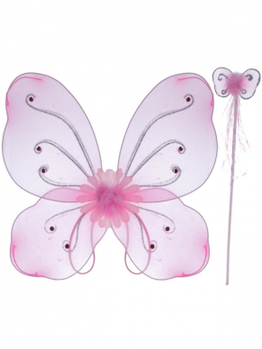 Roze Vlinder Vleugels en Toverstaf met Glitter Randjes