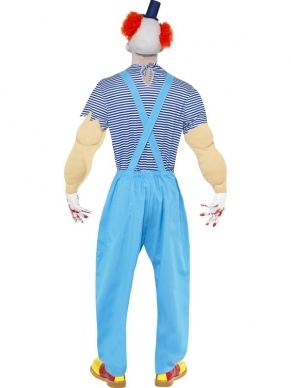 Enge Horror Clown Halloween Horror Kostuum. Inbegrepen is de broek met bretels, het shirt met spieren (gevulde spieren) en tatoo's en het enge masker. Compleet horror halloween kostuum. 