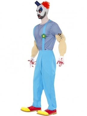 Enge Horror Clown Halloween Horror Kostuum. Inbegrepen is de broek met bretels, het shirt met spieren (gevulde spieren) en tatoo's en het enge masker. Compleet horror halloween kostuum. 