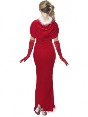 Santa's Siren Kerstvrouw Verkleedkleding. Strakke jurk kort van voren, lang van achteren en met rode cape.