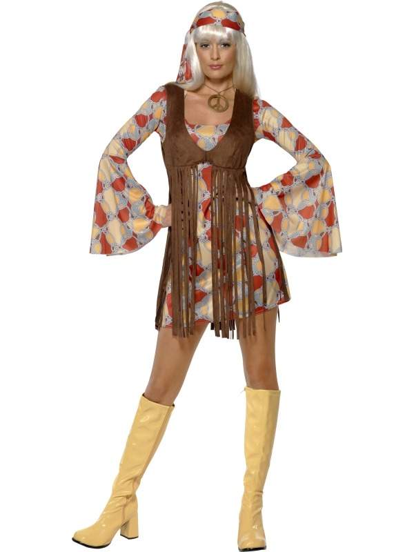 1960's Groovy Baby Dames Kostuum. Inbegrepen is de korte min jurk met lange uitlopende mouwen en gilet met lange franjes