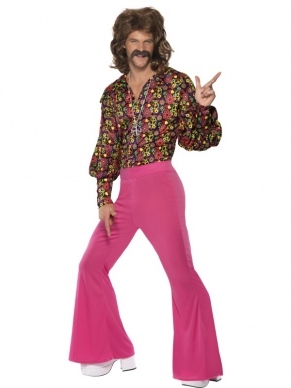 1960's Slack Suit Heren Verkleedkostuum. Inbegrepen is het shirt met piece tekens en de roze broek met uitlopende pijpen.