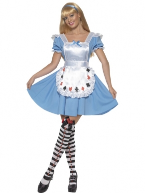 Alice in Wonderland Kaarten Kostuum. Inbegrepen is de blauw witte jurk met kaarten op het schortje. De kousen en de pruik verkopen we los.