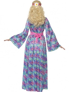 Flower Child Hippie Kostuum. Lange Maxi Jurk met brede riem en uitlopende mouwen.