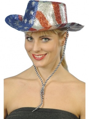 Cowboy Glitterhoed voorzien van de kleuren blauw, rood en zilver (en sterren wat de Amerikaanse vlag compleet maakt)