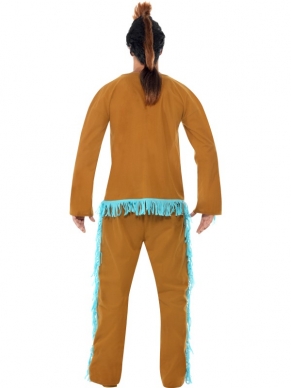Indianen Krijger Verkleedkleding. Voorzien van bruin / blauw bovenstuk en broek. 