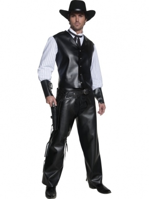 Authentic Western Kogelslinger Verkleedkleding voorzien van vest, gestreept mannenshirt, zwarte strik en polsbanden.