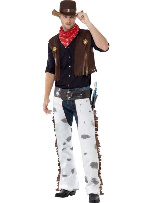 Een stoer Cowboy Kostuum, bestaande uit een bruin giletje met franjes, broek, sjaal en hoed. Maak je Cowboylook compleet met bijpassende accessoires.