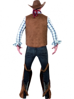 Franje Cowboy Verkleedkleding bruin met vest, chaps, halsdoek en hoed.